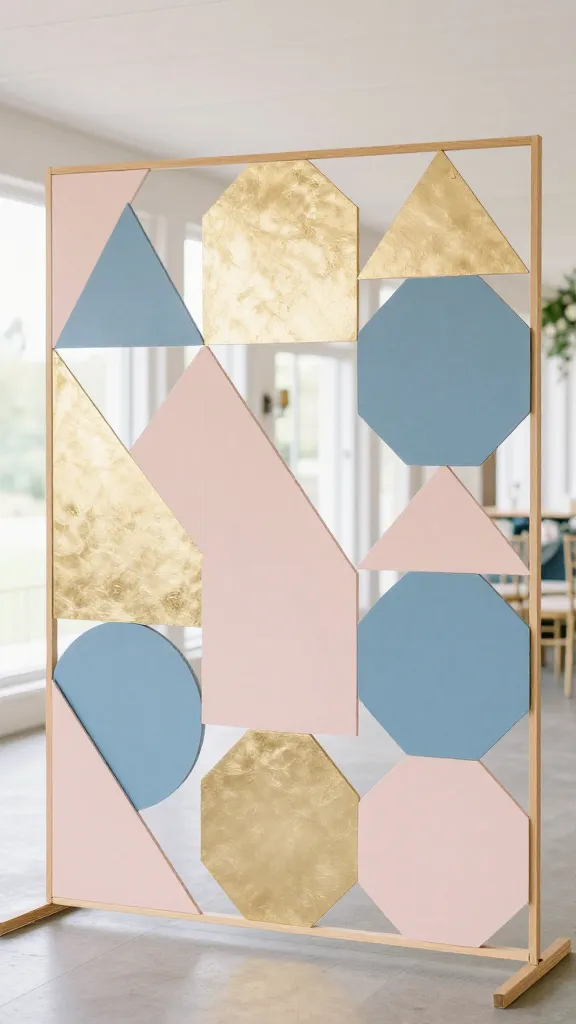 A high-resolution, realistic photograph showcasing a stunning DIY geometric modern wedding ceremony backdrop. The backdrop features a sleek, minimalist frame constructed from thin wooden dowels, adorned with an artistic arrangement of various plywood geometric shapes, including triangles, hexagons, and circles. These shapes are precisely painted in a sophisticated color palette of soft blush pink, dusty blue, and shimmering metallic gold, creating clean lines and striking forms. The shapes are strategically attached to the frame, forming a contemporary and elegant design. The scene is brightly lit with natural light, highlighting the textures and metallic sheen, set in an airy, sophisticated wedding venue. Professional photography, sharp focus, no text.