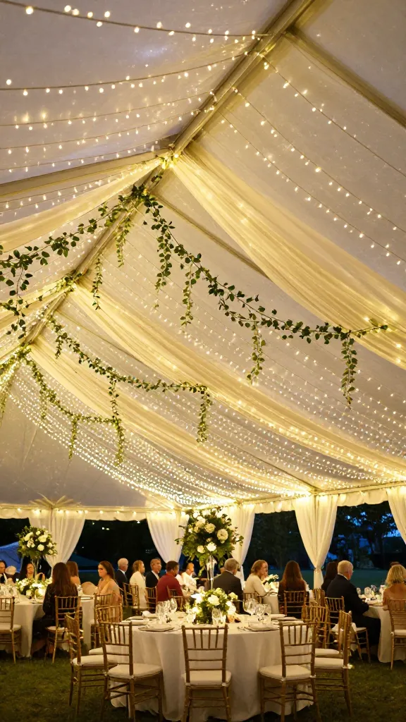 A breathtaking, high-resolution, wide-angle photograph capturing an outdoor wedding reception under a magnificent, ethereal secret garden fairy light canopy. Hundreds of warm white LED fairy light strings are densely draped and layered across the entire ceiling of a large, open-sided white tent structure, creating a dazzling, starry sky effect. Delicate artificial ivy garlands and flowing sheer white fabric drapes are artfully intertwined with the twinkling lights, enhancing the romantic, whimsical ambiance. Soft, ambient light from the canopy illuminates elegantly set round tables with white linens, lush floral centerpieces, and guests in formal attire, creating an incredibly intimate and magical atmosphere. The scene is captured at dusk, with a gentle, warm glow. Professional wedding photography style.