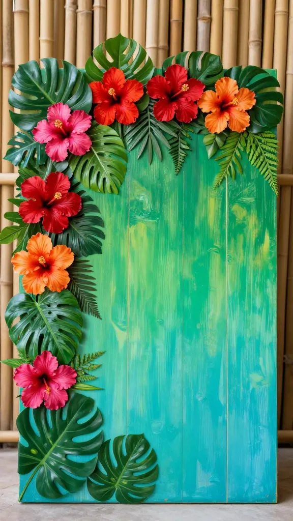 A highly detailed, realistic photograph of a DIY tropical paradise wedding welcome sign. The sign is a large rectangular wooden board, painted with a vibrant gradient background transitioning from lush emerald green at the top to bright turquoise at the bottom. Abundant faux monstera leaves of varying sizes and vivid red, fuchsia, and orange hibiscus flowers are artfully arranged along the top and left edges, creating a dense, exotic border. Smaller tropical foliage and delicate ferns fill the gaps, enhancing the lushness. The center of the sign is intentionally left blank, showcasing the beautiful painted background. The sign is leaning against a softly blurred, natural bamboo screen, illuminated by soft, diffused natural light, highlighting the textures and vibrant colors. High resolution, professional quality.