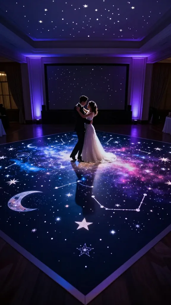 A high-quality, realistic photograph capturing a magical wedding dance floor at night. The dark, polished surface of the dance floor is completely covered with an intricate, artful arrangement of shimmering, removable vinyl decals depicting stars, crescent moons, and detailed constellations, creating a breathtaking celestial galaxy effect. The decals are strategically clustered and scattered across the entire floor, appearing to glow softly. Subtle, deep blue and purple uplighting from the perimeter of the room casts an ethereal glow, while delicate, twinkling star patterns are projected onto the high ceilings and surrounding walls, enhancing the immersive starry night ambiance. A newlywed couple is gracefully slow dancing in the center of the cosmic floor, their silhouettes softly illuminated, emphasizing the romantic and dreamlike atmosphere. The scene is elegant, enchanting, and filled with wonder, rendered with cinematic lighting and a shallow depth of field.