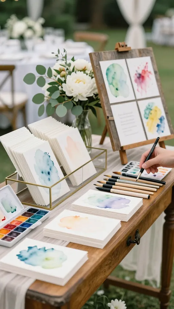 A beautifully styled, high-resolution, close-up photograph of a DIY watercolor guestbook station at an elegant outdoor wedding reception. The station is set on a vintage wooden console table draped with a sheer linen runner. A collection of small, thick watercolor paper cards, some subtly pre-washed with soft pastel hues, are neatly stacked. Beside them are various watercolor supplies: individual ceramic paint palettes with a spectrum of vibrant colors, fine-tipped watercolor brushes, and a selection of elegant watercolor pens. A decorative, clear glass box with a brass trim is positioned to collect the completed cards. To the side, a rustic wooden easel showcases a few examples of cards adorned with abstract watercolor designs and colorful brushstrokes, hinting at heartfelt messages. A delicate floral arrangement featuring white peonies and eucalyptus sprigs provides a touch of natural beauty. The scene is bathed in soft, diffused natural light, with a gentle bokeh blur in the background revealing hints of festive wedding decor and greenery. A guest's hand is gently reaching for a watercolor pen, adding a subtle touch of interaction.