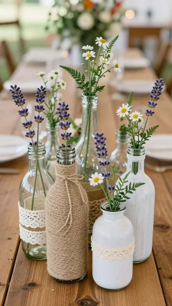 A high-angle, close-up shot of a beautifully arranged DIY wedding centerpiece on a rustic wooden table. The centerpiece features a charming collection of upcycled glass bottles and jars of various sizes and shapes, transformed into elegant vases. Some bottles are meticulously wrapped in natural jute twine, secured with visible hot glue dots, showcasing a rustic texture. Others are adorned with delicate strips of ivory lace, adding a touch of vintage chic. A few jars are painted with a soft, distressed chalky white finish, revealing hints of the glass beneath. Each vase holds a single, fresh stem of wildflowers such as lavender sprigs, small white daisies, or delicate ferns, creating an organic and natural feel. In the soft, warm glow of natural daylight, the arrangement exudes a cozy, eco-friendly charm, set against a subtly blurred background suggesting an outdoor wedding reception with hints of greenery and festive decor. Realistic, high-quality photography, no text.