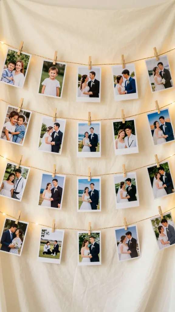 A heartwarming, DIY wedding 'memory lane' photo display set against a soft, draped ivory fabric backdrop, subtly lit by warm, delicate fairy lights. Multiple horizontal strands of rustic twine are elegantly strung across the display, each adorned with a curated collection of photographs clipped by tiny wooden clothespins. The photos, a mix of consistent and varied sizes, beautifully chronicle a couple's journey: sweet childhood moments, early dating memories, adventurous travels, and joyful engagement shots. The overall aesthetic is sentimental and intimate, inviting guests to walk through the couple's love story. High-resolution, professional wedding photography, with a shallow depth of field to highlight the display.