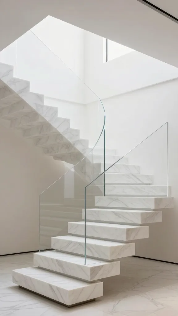 A high-resolution, realistic photograph of a luxurious, modern interior featuring a stunning sculptural staircase. The centerpiece is a cantilevered staircase crafted from pristine white Statuario marble, with each smooth, polished tread appearing to float effortlessly from a clean, light-colored wall. A minimalist, transparent glass balustrade ensures an unobstructed view, allowing abundant natural light to flood the entire space, creating an ethereal glow and emphasizing the staircase's clean lines and seamless design. The focus is on the architectural artistry and the floating, ribbon-like quality of the marble structure, captured with sharp detail and balanced exposure.