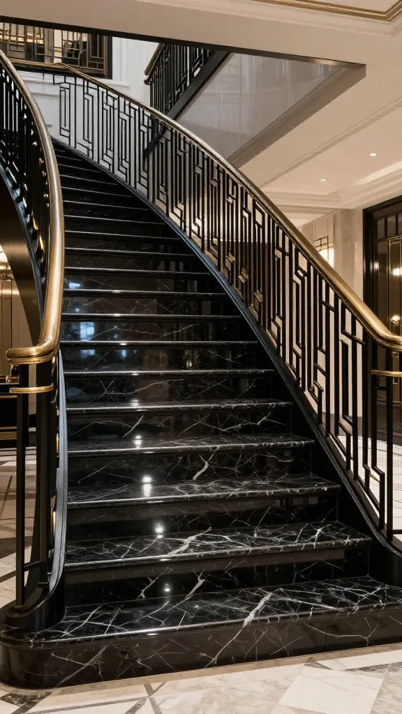 A high-quality, realistic photo of a grand entrance hall featuring a dramatic Art Deco inspired staircase. The staircase is crafted from striking Nero Marquina marble, its deep black surface crisscrossed with delicate white veins and polished to a mirror-like sheen, reflecting ambient light. The custom balustrade is made of sleek black ironwork, showcasing bold, angular geometric patterns, subtly accented with polished brass details. The overall aesthetic is a sophisticated blend of 1920s grandeur with a sleek, contemporary edge, creating an opulent and dramatic focal point. No text.