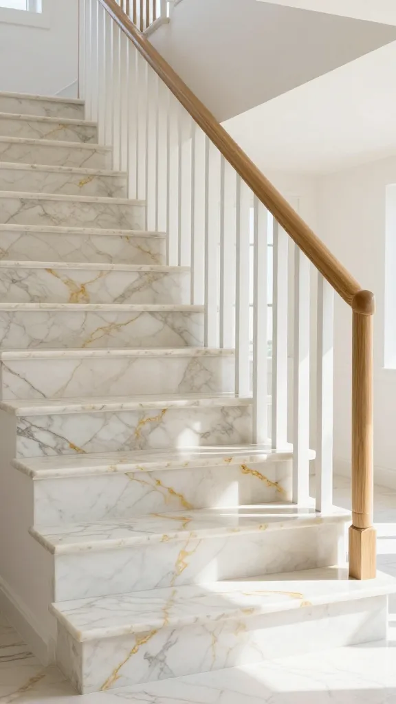 A luxurious, grand staircase in a bright, airy coastal chic Mediterranean interior. The stairs and risers are crafted from honed Calacatta Gold marble, featuring a creamy white base with elegant, warm gold veining that catches the abundant natural light, evoking sun-drenched beaches. The balustrade is a striking combination: a smooth, light-stained oak handrail gracefully tops a series of vertical white-painted wood slats, creating an open, breezy, and sophisticated look. The overall scene is one of understated luxury and relaxed elegance, with soft, natural light illuminating the textures. High-resolution, photorealistic, architectural photography, bright and inviting atmosphere.