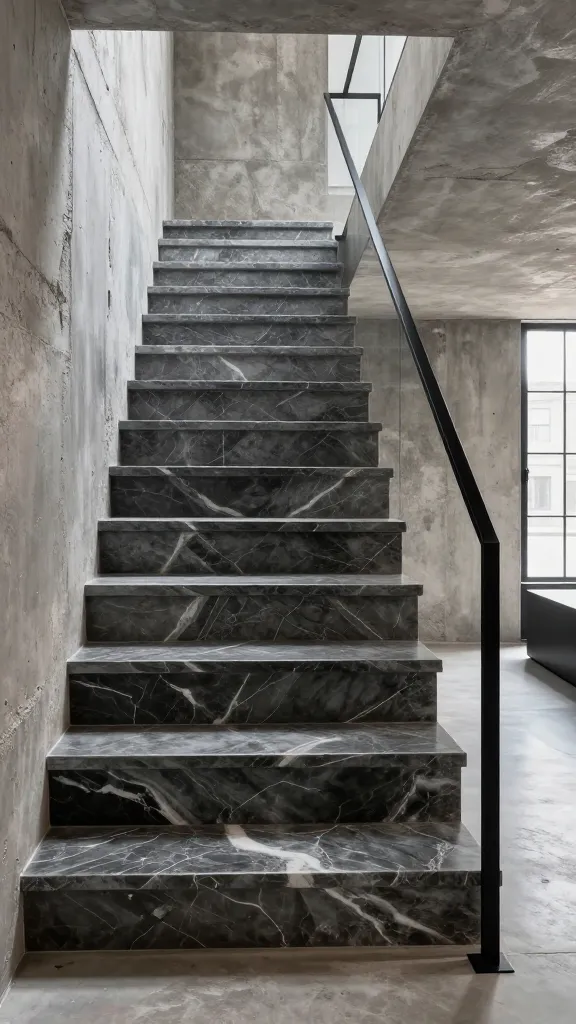 A high-resolution, realistic photo of a luxurious staircase in an industrial-chic urban loft. The staircase features wide, polished Grigio Carnico marble treads, a deep dark grey stone with prominent, striking white veins, creating an opulent and refined pathway. The treads are seamlessly integrated with raw, exposed concrete walls that exude a rugged, urban charm. Instead of a traditional balustrade, a single, sleek, minimalist black steel handrail runs elegantly along one side of the staircase, providing a sharp, modern contrast. The overall scene captures the edgy sophistication of a high-end gallery, with dramatic interplay between the rough concrete textures and the smooth, reflective marble and steel surfaces. Natural light streams in from large windows, highlighting the polished perfection and the intricate veining of the marble, creating a dramatic and luxurious interior design aesthetic. No text.