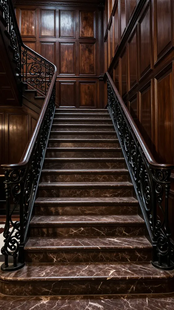 A breathtaking, grand Emperador Dark marble staircase takes center stage, its deep, rich brown steps and risers showcasing elegant lighter veining that exudes an ancient, luxurious gravitas. The staircase features a meticulously crafted classic wrought iron balustrade, adorned with intricate, flowing scrollwork, all finished in a sophisticated matte black. The expansive walls surrounding the staircase are entirely enveloped in dark, polished wood paneling, creating the immersive atmosphere of a historic, opulent university hall or a private grand library. Dramatic, soft lighting from unseen sources highlights the marble's sheen and the ironwork's details, casting long, intriguing shadows that enhance the dark academia aesthetic. The perspective is an eye-level shot, capturing the full sweep of the staircase and its luxurious, intellectual environment. Photorealistic, high-detail, no text.