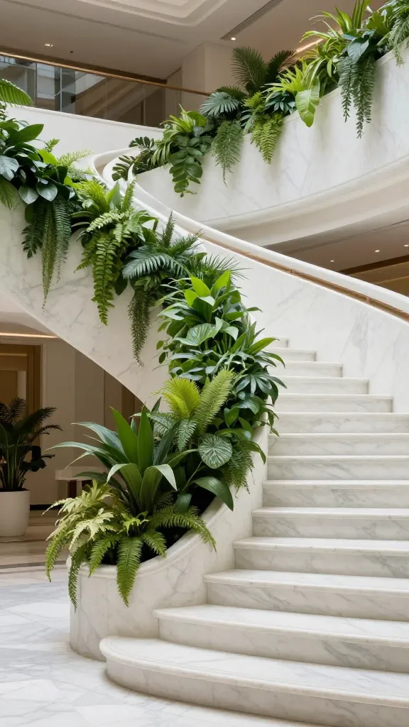 A grand, gently curving staircase crafted from honed Carrara marble, showcasing its soft white and delicate grey veining, providing a luxurious yet neutral foundation. The balustrade is reimagined as a continuous series of integrated planters running alongside the treads, overflowing with a vibrant, cascading tapestry of pothos, various ferns, and other lush greenery. This living, organic wall of plants beautifully contrasts with the smooth, opulent marble. The staircase is situated in a spacious, naturally lit entrance hall or atrium, bathed in soft daylight, creating a serene, refreshing, and sophisticated biophilic oasis. High-quality architectural photograph, realistic, natural lighting. No text on image.
