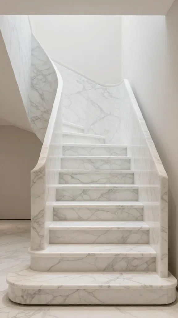 A realistic, high-quality architectural interior photograph showcasing a luxurious, modern staircase. The entire structure, from the wide treads to the solid, sculptural balustrade, is meticulously crafted from highly polished Volakas marble, featuring its pristine white base with delicate, subtle grey veining. The design is sleek, minimalist, and exudes a sophisticated monochromatic aesthetic. Surrounding walls are painted in a slightly warmer off-white, creating a subtle contrast and adding depth to the clean lines. Soft, ambient lighting accentuates the reflective surfaces of the marble and the nuanced textures, contributing to an opulent yet serene atmosphere. No text.