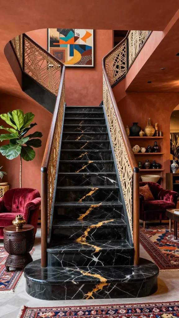 A breathtaking, maximalist "Boho Luxe Eclectic Escape" interior, captured in a high-quality, realistic architectural photograph. The focal point is a grand, opulent staircase featuring polished Sahara Noir marble treads, showcasing dramatic black with striking warm gold and white veins. The custom balustrade is crafted from dark wood panels intricately interwoven with macrame patterns, adding rich texture and intricate woven details. The surrounding walls are painted a warm terracotta, providing an earthy and inviting backdrop. The space is a vibrant celebration of global influences, filled with luxurious, eclectic furnishings: plush velvet armchairs in deep jewel tones, ornate carved dark wood side tables, large potted exotic plants like a Fiddle Leaf Fig, and layered, patterned Persian rugs. Shelves and surfaces are adorned with unique artisanal pottery, woven baskets, and framed eclectic art, all bathed in soft, inviting ambient light. Professional interior shot, sharp focus, natural light highlighting textures and details, no text.