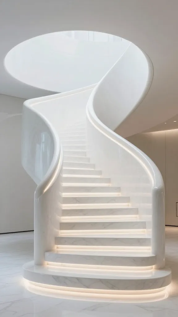 A breathtaking, futuristic staircase, meticulously crafted from a single, seamlessly flowing piece of pure white honed Thassos marble. The staircase features smooth, organic curves, with a solid, minimalist balustrade that appears as a seamless extension of the adjacent wall, gently mirroring the curve of the treads. Subtle, integrated cool-toned LED lighting emanates from within the marble and along the underside of each step, casting an ethereal glow that highlights the pristine surface and sculpted form, making it appear to float. The design evokes a sense of cutting-edge technology and other-worldly elegance, set within a luxurious, minimalist contemporary interior. High-resolution architectural photograph, wide shot, natural light mixed with integrated lighting, no text.