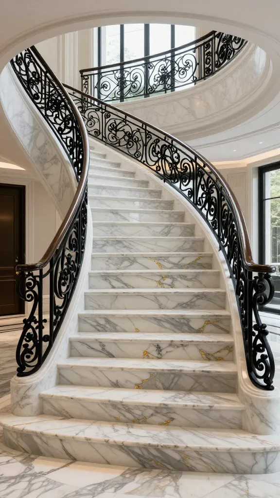 A wide, magnificent curving staircase crafted from highly polished Calacatta Borghini marble, showcasing its dramatic grey and gold veining, as the dominant focal point of a grand, contemporary-classic entrance hall. The custom black wrought iron balustrade features elegant, intricate scrollwork that is refined and not overly ornate. Soft, natural light streams in from large windows, highlighting the marble's luxurious sheen and the intricate details of the ironwork. The overall ambiance is one of regal, yet current, opulence. High-resolution, realistic architectural photography, wide shot.