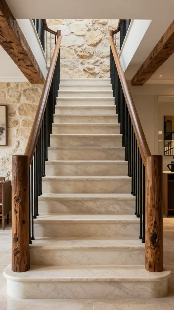 A luxurious, rustic-refined marble staircase, the focal point of a sophisticated interior. The wide, elegant staircase features smooth, honed Crema Marfil marble treads in a warm beige tone, grounding the space with earthy elegance. The balustrade is a striking composition of substantial, rough-hewn dark wood posts juxtaposed with sleek, slender black metal spindles, creating a harmonious rustic yet modern contrast. The surrounding environment showcases natural elements like textured stone walls and exposed wooden beams, all bathed in soft, inviting natural light that accentuates textural harmony. High-quality, realistic photo, professional interior design photography, no text.