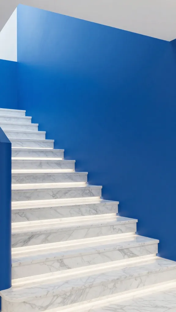 A high-resolution, professional architectural photograph of a luxurious, modern interior. The focal point is a grand, clean-lined staircase made from highly polished Bianco Carrara marble, its brilliant white surface subtly veined with grey, reflecting ambient light. Running alongside the elegant marble staircase is a striking feature wall painted in a vibrant, bold electric blue, creating an energetic and playful contrast. The design emphasizes a "pop of color" against the classic opulence of the marble. The lighting is bright and even, highlighting the textures and colors. The overall aesthetic is sophisticated, modern, and unexpectedly joyful. No text on image.