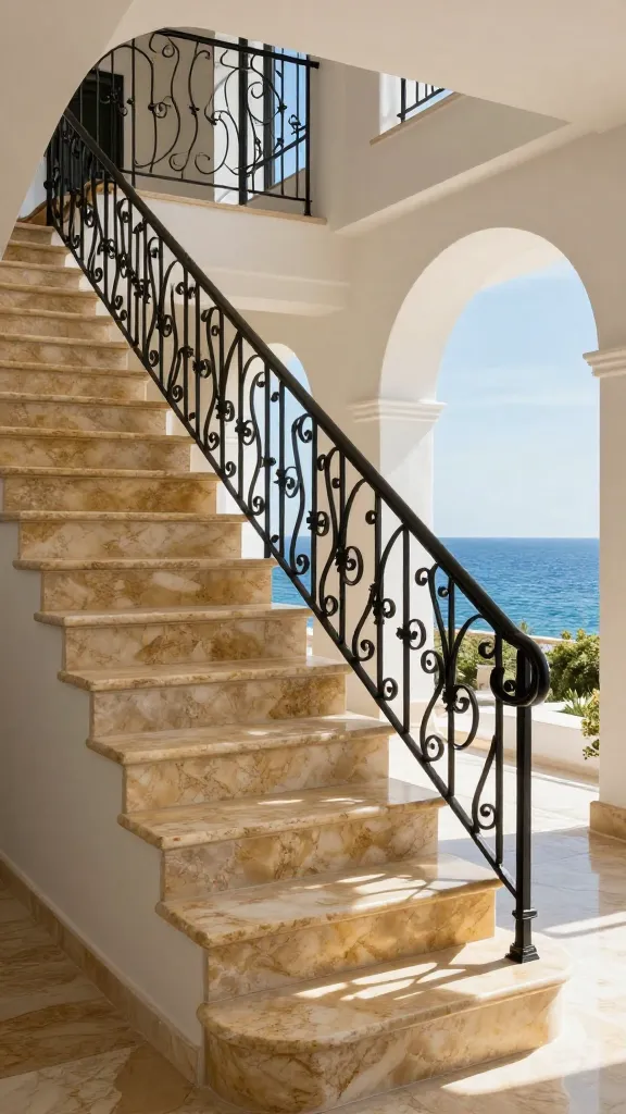 A high-quality, realistic architectural photograph capturing a luxurious Mediterranean-style staircase within a sun-drenched villa. The staircase features warm polished Travertine marble treads, in a beautiful beige-gold hue with a smooth, filled texture. A classic black wrought iron balustrade, adorned with elegant, flowing curves, complements the marble. Through expansive arches, a breathtaking view of the sparkling blue Mediterranean Sea is visible, bathed in bright natural light. The inviting interior blends rustic elements like whitewashed walls with sophisticated details, evoking the warmth and charm of a coastal villa. Professional architectural photography, sharp focus, no text.