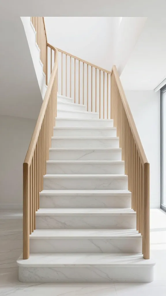A professional, high-quality interior photograph capturing a sleek and luxurious Scandinavian staircase. The design embodies understated elegance with its clean lines and bright, airy aesthetic. The minimalist staircase features honed Bianco Dolomiti marble treads, showcasing their uniform white appearance and subtle grey tones, creating a sophisticated and seamless look. The balustrade is composed of simple, vertical slats crafted from pale ash or birch wood, providing a warm, inviting contrast and natural texture. Abundant natural light streams into the space, highlighting the refined materials and the spacious, effortlessly stylish atmosphere. No people.