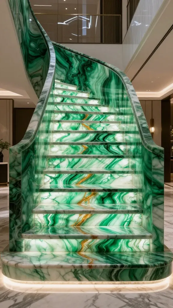 A high-resolution, professional interior photograph of a grand, luxurious staircase crafted from polished, translucent green onyx-effect marble. The marble displays vibrant green hues swirling with intricate white and amber veins, dramatically backlit to create an ethereal, rich glow from within the stone itself. The staircase is the show-stopping focal point of a spacious, opulent entrance hall with high ceilings, featuring minimalist luxury decor, subtle reflective surfaces, and soft ambient lighting that enhances the glowing marble without overpowering it. The image captures the unique layering and dramatic effect of the backlit onyx, conveying ultimate luxury and a captivating entrance.
