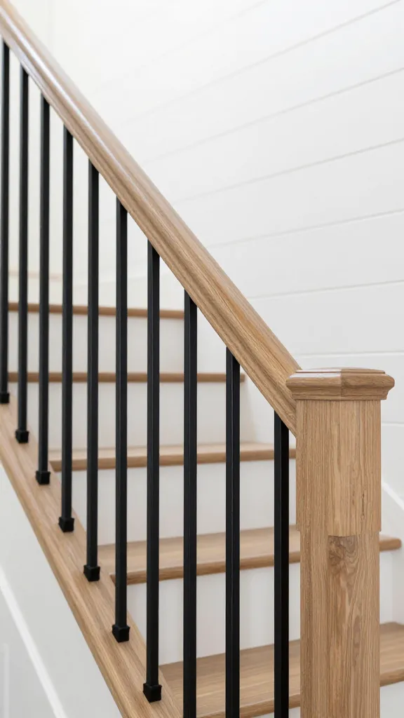 A high-quality, realistic professional photograph capturing the elegant design of a modern farmhouse staircase. The scene is bathed in soft, natural light, highlighting crisp white shiplap walls that serve as a bright and airy backdrop. The star of the show is the staircase railing, which features a sturdy, light-toned natural wood handrail with visible grain, running smoothly along the top. Below, sleek, matte black metal spindles are precisely spaced, creating a striking visual contrast and grounding the space with their contemporary lines. The overall aesthetic is welcoming and chic, perfectly blending rustic charm with clean, modern elements. The focus is on the custom-looking staircase railing, showcasing the texture of the wood and the clean finish of the black metal against the white shiplap. No text.