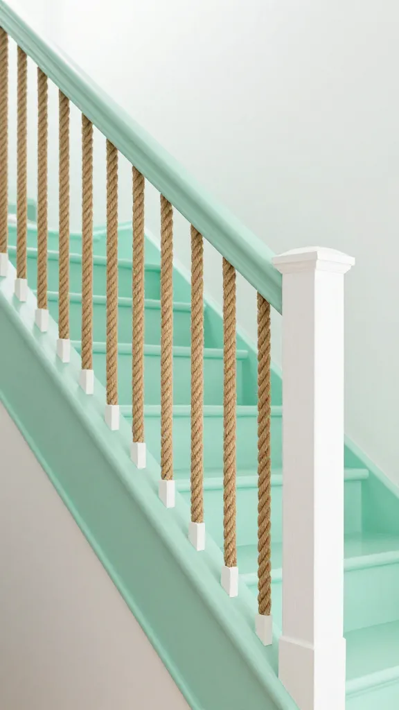 A high-resolution, realistic photograph showcasing a "Coastal Chic" staircase railing in a bright, airy home. The main staircase is painted a crisp seafoam green. The railing features chunky manila rope infills threaded horizontally between simple, vertical white painted wood posts, creating a unique and relaxed nautical aesthetic without being overly themed. Soft, diffused natural light streams into the space, highlighting the natural textures and light colors, and evoking a breezy, laid-back beach house vibe. The focus is on the detailed rope infills and the clean lines of the white posts against the seafoam green staircase.