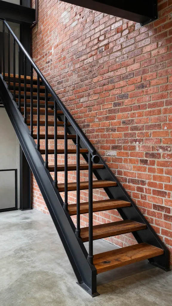 A high-quality, realistic interior photograph capturing a striking industrial loft staircase. The custom-designed railing is prominently featured, constructed from sturdy, matte black iron pipes and industrial fittings. The stair treads are made of warm, textured reclaimed wood, contrasting beautifully against a raw, exposed red brick wall that serves as the backdrop. A sleek, polished concrete floor extends from the base of the stairs into an open-concept space. Natural light streams in, highlighting the edgy, utilitarian design and factory-chic aesthetic, creating an urban yet surprisingly approachable atmosphere. No text.