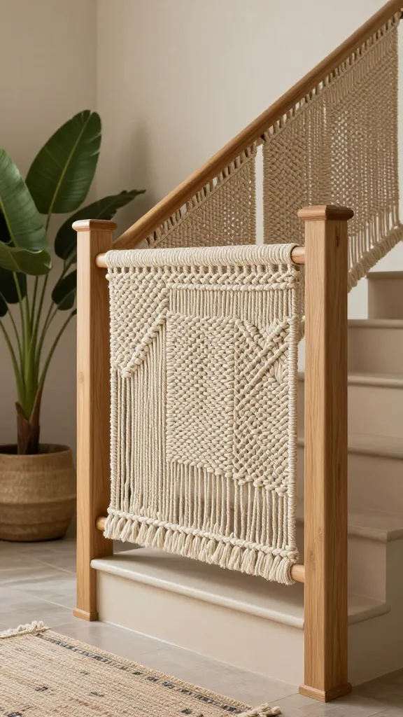 A realistic, high-quality, professional interior photograph showcasing a boho eclectic staircase railing. The railing features simple, light-stained wooden posts that frame intricately woven, custom-made macrame panels. These macrame panels display a variety of fiber art knots, creating rich textures and a distinct handmade aesthetic. The stair treads are painted in a soft, muted beige tone. The surrounding space hints at a personalized, free-spirited vibe with a large, leafy potted plant nearby, a textured woven rug with a subtle, global-inspired pattern on the floor, and warm, diffused natural light illuminating the scene, emphasizing the tactile qualities of the macrame and wood. Medium shot, slightly angled to highlight the unique railing design.