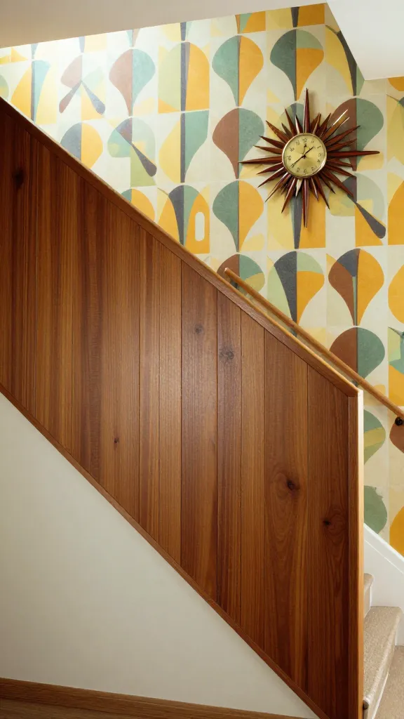 A high-quality, realistic photo of a Mid-Century Modern interior featuring a prominent staircase. The staircase railing is crafted with sleek, horizontal walnut wood slats, running parallel to the steps, emphasizing clean lines and creating an open, airy feel. On the adjacent wall, a vibrant geometric wallpaper in a classic 1950s-60s pattern provides a striking backdrop for a classic brass and teak starburst clock. Soft, diffused natural light illuminates the space, highlighting the rich wood tones and the textures of the wallpaper. The overall aesthetic is one of elegant simplicity and timeless design.