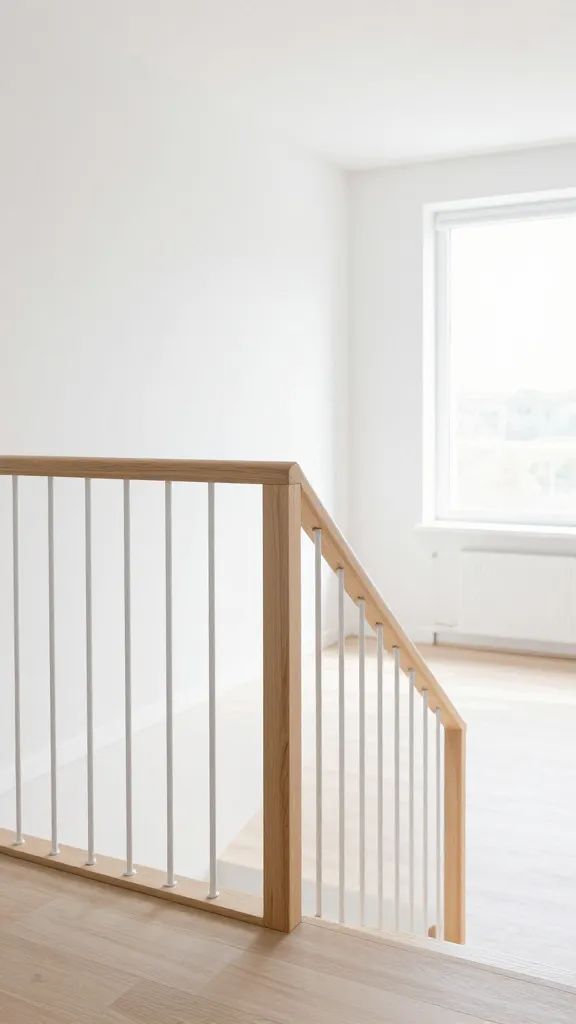 A high-quality, professional photograph of a modern Scandinavian minimalist interior, focusing on a custom staircase railing. The staircase features a light blonde wood handrail and matching newel posts. The infill consists of numerous super thin, evenly spaced white metal rods extending vertically from the treads to the handrail, creating a visually light and airy barrier. The design emphasizes an open-plan living space with abundant natural light streaming in from large windows, illuminating the bright white walls and light wood flooring. The overall atmosphere is serene, uncluttered, and inviting, showcasing clean lines and a functional aesthetic. The perspective is slightly wide, capturing the full height of the railing and its seamless integration into the bright, open interior. No text on image.