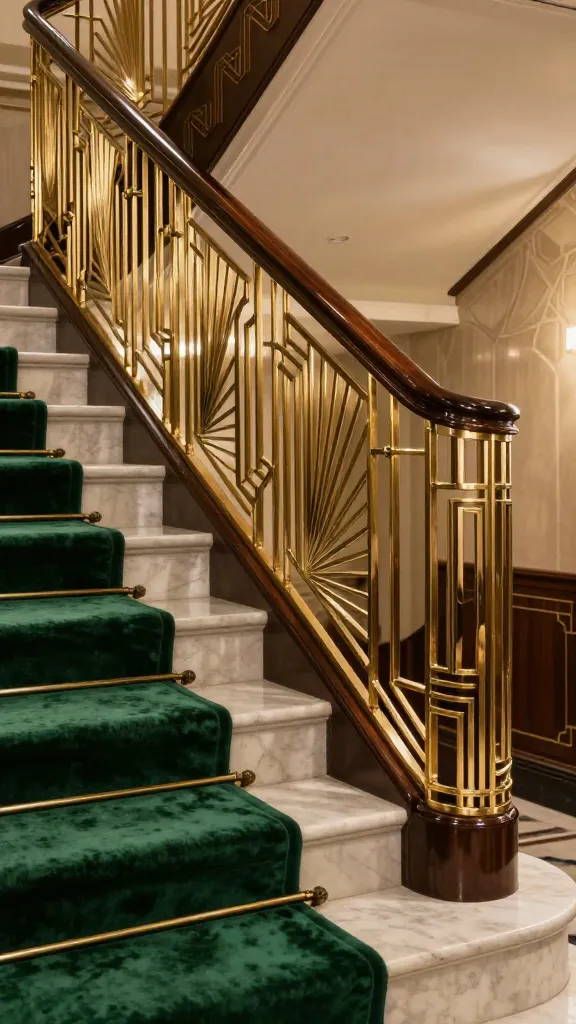 A high-angle, luxurious, and opulent Art Deco interior shot focusing on a grand staircase. The prominent feature is the intricate staircase railing, crafted from polished brass panels meticulously arranged in bold geometric patterns including sunbursts, chevrons, and stepped designs, seamlessly integrated with a sleek, dark polished mahogany handrail. A plush, deep emerald green velvet runner elegantly drapes down the wide, light-colored marble steps. The scene exudes Jazz Age extravagance and dramatic luxury, with soft, warm ambient lighting emphasizing the rich textures and reflective brass. Realistic, high-quality photograph, no text.