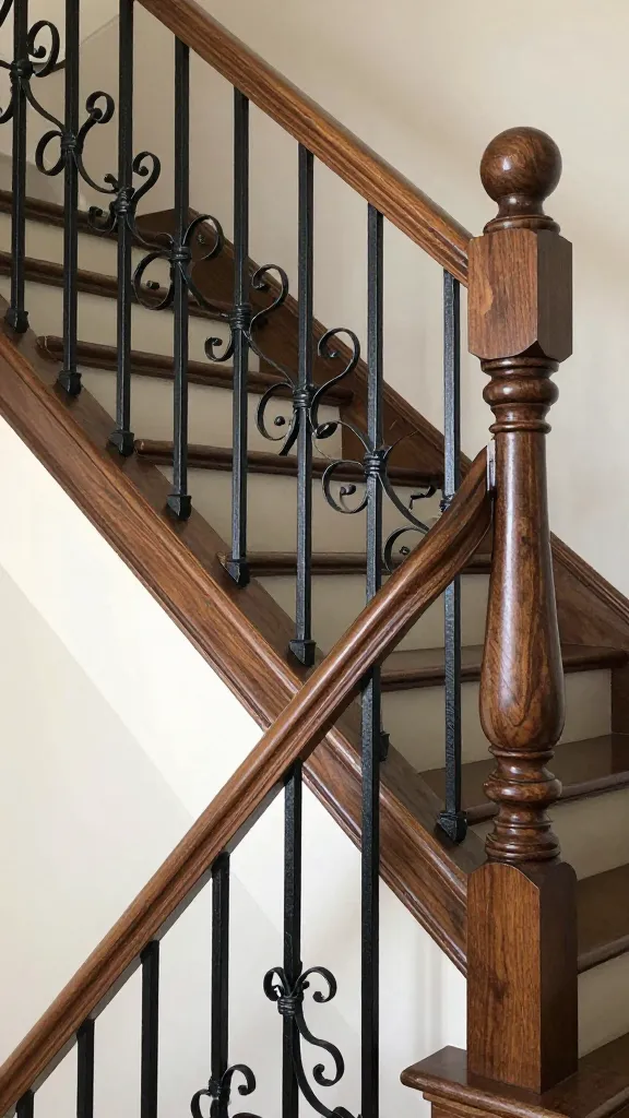 A realistic, high-quality photograph showcasing a grand traditional staircase railing within an elegant home interior. The staircase features a substantial, dark walnut-stained wood handrail and beautifully turned newel posts. The balusters are elegant, pre-fabricated wrought iron, intricately designed with subtle scrollwork and basket twists, creating a refined, custom-made appearance. Soft, natural light illuminates the rich textures of the wood and the delicate details of the ironwork, emphasizing a sense of timeless sophistication and established charm. The focus is on the railing, capturing its classic beauty and the illusion of bespoke craftsmanship.