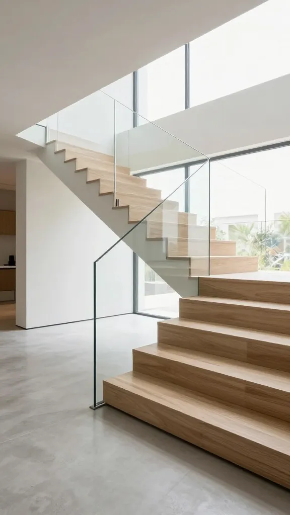 A high-resolution, wide-angle architectural photograph of a modern, airy entryway. The focal point is a contemporary staircase featuring a frameless tempered glass panel railing, secured by discreet brushed stainless steel standoffs. The glass practically disappears, allowing abundant natural light to flood the space and create an expansive feel. The staircase itself has clean, minimalist light oak wood treads with a subtle floating appearance. The floor throughout the entryway is a seamless, light gray polished concrete. The design emphasizes sleek lines, an open floor plan, and sophisticated simplicity, highlighting the transparent railing’s ability to maximize light and visual flow. Realistic, natural lighting, sharp focus, no people.