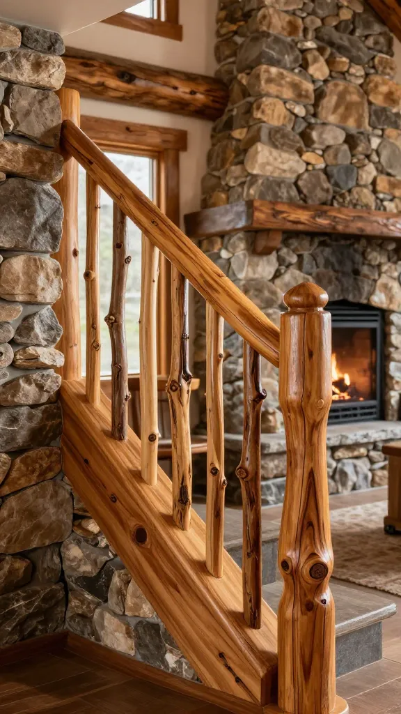 A high-resolution, realistic photograph of a rustic cabin interior, showcasing a custom staircase railing designed with natural materials. The balusters are crafted from small, naturally peeled logs and branches, varying slightly in shape and thickness, emphasizing their organic texture and visible knots. A larger, smoothed log section forms the handrail, displaying its natural wood grain and a warm, polished finish. Adjacent walls feature rugged dry-stacked stone accents, complementing the earthy tones. In the background, a grand stone fireplace emits a warm, inviting glow, contributing to a cozy mountain retreat atmosphere. Natural light streams in, highlighting the handcrafted details. No text.