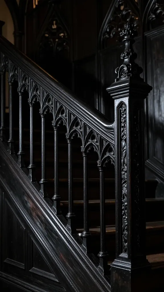 A high-resolution, eye-level photograph capturing a dramatic Gothic Revival staircase railing within a grand, dimly lit hall. The substantial handrail and imposing newel posts are crafted from deeply stained, almost black wood, subtly adorned with intricate, historical carvings and elegant finials. Simple, straight dark iron spindles form the balusters, receding into the deep shadows that envelop the space, emphasizing ancient mystery. The rich textures and deep, moody colors of the wood and iron are highlighted by artful, low-key lighting, which casts dramatic shadows and accentuates the luster of the dark materials. Hints of a vaulted ceiling and dark, ornate wall paneling are visible in the background, contributing to the powerful, historical grandeur of the scene.