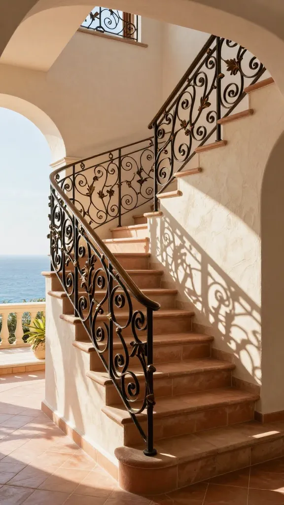 A realistic, high-quality photograph showcasing a sun-drenched Mediterranean villa interior. The central focus is a magnificent staircase featuring a custom wrought iron railing, painted in a deep, rich bronze. The railing exhibits intricate classic scrollwork gracefully interspersed with subtle leaf motifs, highlighting its artistry and handcrafted detail. The wide, inviting steps are constructed from warm terracotta tiles. Adjacent walls are finished with a textured, creamy stucco, reflecting the natural light. Sunlight streams in from a nearby arched window or opening, casting a warm glow and creating a serene, timeless European charm. A hint of the sparkling sea is visible in the distant background through an archway. No text.