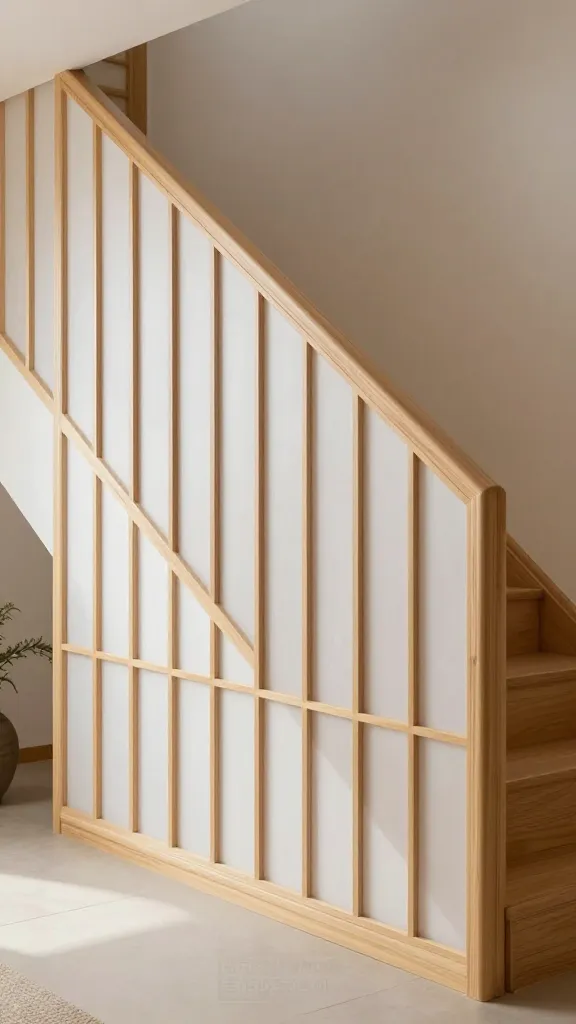 A high-quality, realistic interior photograph showcasing a prominent staircase with a Japanese Zen-inspired railing. The railing features clean, vertical panels crafted from light-colored wood, such as pale maple or bamboo, with each panel enclosing a translucent material resembling traditional shoji screens, like frosted acrylic or protected rice paper. This design replaces conventional balusters, creating a serene, minimalist aesthetic. The surrounding space is subtly decorated with natural, understated elements, bathed in soft, natural light, emphasizing peace and tranquility.