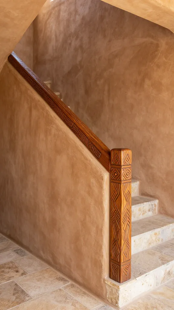 A high-resolution, realistic interior photograph capturing a Southwestern-style staircase. The lower portion of the staircase railing features a substantial, textured adobe-style half-wall finished in a warm, sun-baked terracotta plaster. Topping this earthy wall is a chunky, hand-carved wooden handrail, showcasing intricate geometric patterns and native motifs with a rich, natural wood grain. The steps are crafted from natural, light-colored flagstone, perfectly complementing the warm tones of the adobe and wood. Soft, natural light streams into the space, highlighting the authentic textures and handcrafted details. The scene conveys a warm, inviting, and culturally rich atmosphere. Medium shot, eye-level perspective, professional interior photography. No text.