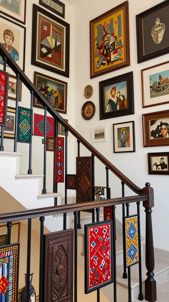 A high-quality, realistic photograph of an eclectic global-style staircase railing. The railing design is a vibrant mix-and-match, featuring slender black metal spindles interspersed with rectangular inserts: some are intricately carved dark wood panels with ethnic patterns, others are colorful fabric inserts (like batik or block print in rich reds, blues, and yellows) stretched taut within frames. A chunky, distressed dark oak handrail crowns the railing. Adjacent walls form an extensive gallery, densely adorned with a curated collection of framed art, diverse textiles, and unique decorative artifacts from around the world. The wall color is a warm, textured off-white, providing a sophisticated backdrop. Soft natural light illuminates the scene, emphasizing the rich textures and collected treasures. No text.