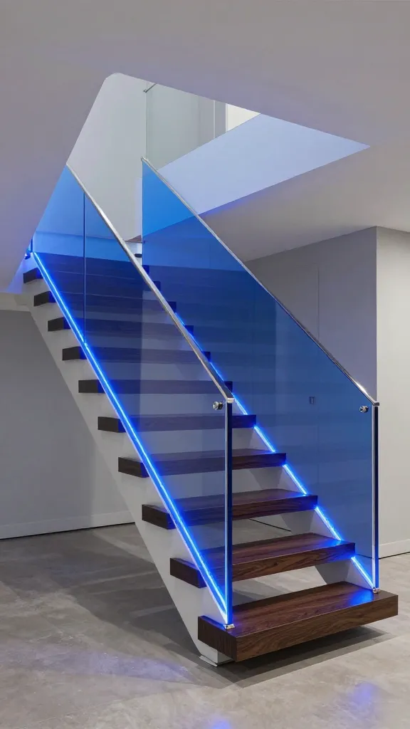 A professional, eye-level architectural photograph capturing a stunning, futuristic staircase railing in a luxurious, open-concept modern home. The dominant feature is the railing, composed of clear acrylic panels, precisely edge-lit with integrated LED strips emitting a vibrant electric blue glow. Sleek, polished chrome hardware securely fastens the acrylic panels. The minimalist, floating staircase treads are crafted from dark, polished wood, providing a sophisticated contrast. The surrounding interior space features a monochromatic palette of light grey walls and a subtle polished concrete floor, ensuring the glowing blue railing stands out as an electrifying focal point. The lighting is balanced, showcasing the high-end materials and the brilliant, custom aesthetic of the staircase.