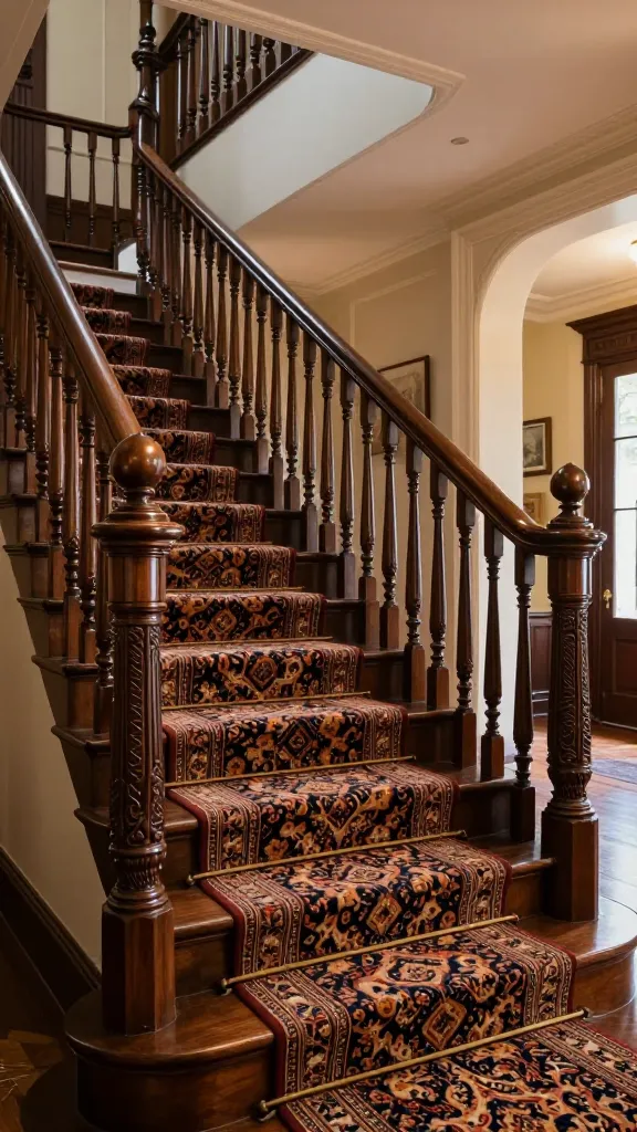 A professional, high-resolution interior photograph capturing a grand Victorian staircase. The staircase features a substantial, dark polished wood handrail and matching imposing newel posts. The focal point is the intricate railing, composed of numerous exquisitely turned dark wood balusters, each displaying elaborate, custom-level Victorian patterns and craftsmanship. A luxurious, richly patterned Persian runner rug is meticulously laid on the steps, adding warmth and depth. The staircase is set within a spacious, elegantly decorated Victorian entryway with high ceilings, bathed in soft, warm natural light that accentuates the detailed wood grain and textile textures, creating an opulent and historical atmosphere.