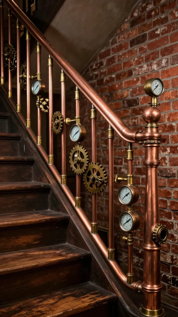 A realistic, high-resolution photograph showcasing a unique Steampunk-inspired staircase railing. The railing is prominently featured, meticulously crafted from gleaming, polished copper pipes and intricate brass fittings, with small, integrated pressure gauges and decorative gears embedded directly into its design. The copper exhibits a rich, warm luster, reflecting ambient light. The staircase treads are made of dark, heavily distressed wood. The adjacent wall is an exposed, rustic red brick, complementing the industrial grit. The scene captures a whimsical blend of Victorian-era mechanics and industrial aesthetic under dramatic, warm lighting. No text.