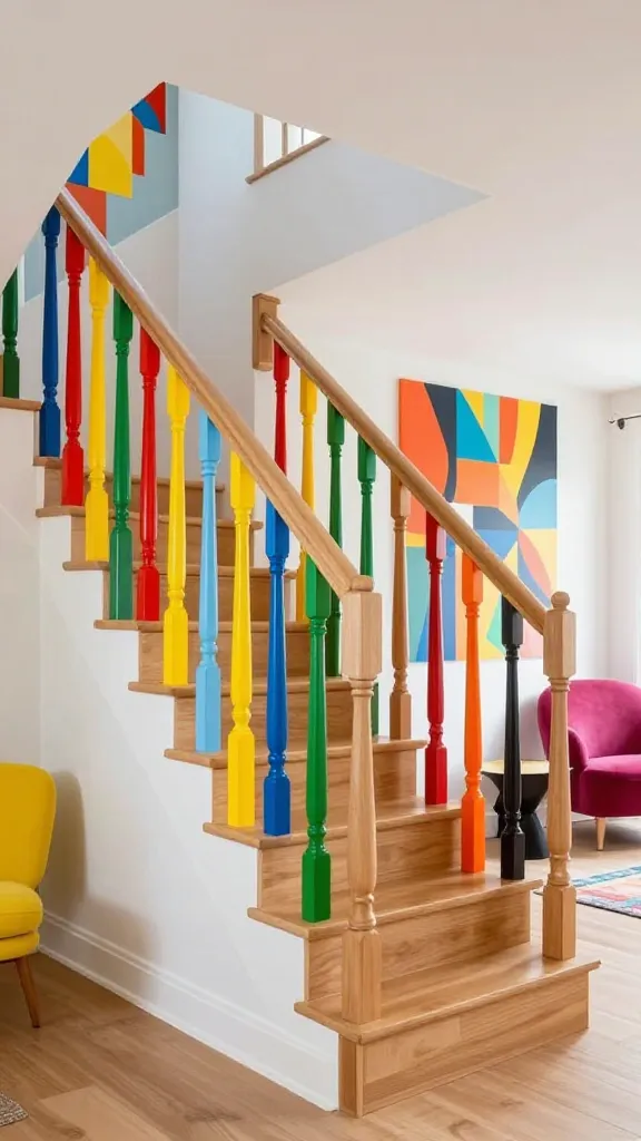 A medium shot of a vibrant, playful modern staircase in a brightly lit contemporary home interior. The staircase features classic wooden steps and a clean, light wood handrail. The focal point is the staircase railing, composed of numerous simple, classic wood spindles, each individually painted in a different, bright primary color (e.g., red, blue, yellow, green, orange), creating a dynamic, eye-catching rainbow gradient effect that stands out. The adjacent wall is adorned with a bold, contemporary graphic wallpaper featuring an abstract geometric pattern in complementary bright tones. Near the base of the stairs, a quirky, contemporary accent chair in a contrasting bright color and a sculptural side table add to the playful aesthetic. The scene is captured with professional architectural photography quality, sharp focus, and abundant natural light, showcasing a joyful and energetic space.