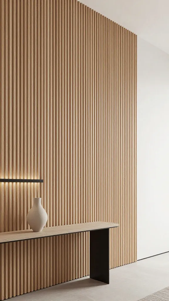 A high-quality, realistic interior design photograph of a modern minimalist staircase wall featuring floor-to-ceiling vertical wood slat paneling crafted from light ash wood, creating a continuous, upward-flowing texture. The adjacent walls are painted a crisp white, providing a clean contrast. A sleek, minimalist console table with matte black legs is positioned against the slatted wall, topped with a single, elegant sculptural vase in a soft, neutral hue. Above the console, a subtle, linear light fixture with a matte black finish is integrated into the wall design. The scene is bathed in soft, natural light, emphasizing clean lines, natural beauty, and a serene, spacious atmosphere.