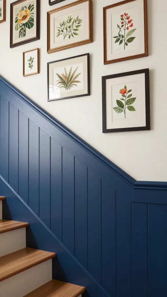 A high-resolution, professional architectural photograph of a classic board and batten staircase wall in a sophisticated traditional home. The lower half of the wall features wide vertical deep navy blue board and batten paneling, topped with a sturdy horizontal batten. The upper wall is painted a contrasting soft off-white. Above the paneling, a tastefully arranged gallery wall displays an assortment of framed botanical prints in various sizes and styles. Bright natural daylight streams in, highlighting the textures and colors. The staircase itself is subtly visible, ascending gracefully, adding to the elegant and inviting atmosphere.