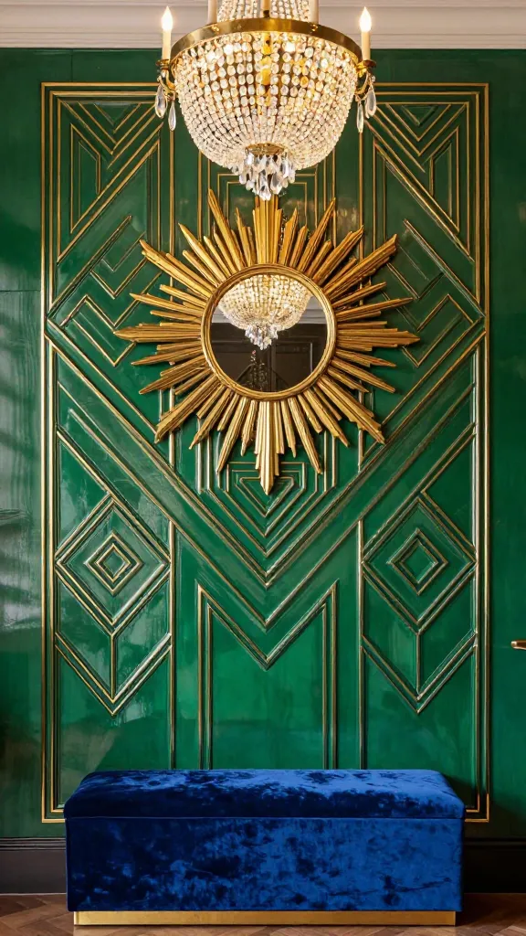 A high-quality, realistic photograph capturing a grand staircase wall adorned with luxurious Art Deco paneling. The striking wall paneling features a high-gloss emerald green lacquer finish, intricately detailed with bold, symmetrical intersecting geometric patterns of chevron and diamond motifs, highlighted by thin, gleaming brass inlays. Against this opulent backdrop, a plush, deep sapphire blue velvet bench is perfectly placed. Above the bench, a magnificent gold sunburst mirror reflects the room's grandeur. A sparkling crystal chandelier hangs elegantly from above, casting a warm, sophisticated glow throughout the space, evoking the drama and opulence of the Roaring Twenties.