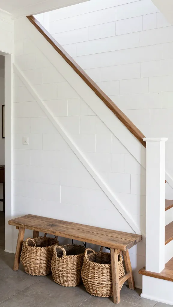 A high-quality, realistic photo of a welcoming, rustic farmhouse entryway. The prominent staircase features a wall paneled with classic crisp white horizontal shiplap, showcasing its signature nickel gap texture. Adjacent to the staircase, a simple, natural distressed wooden bench is placed against the shiplap wall. Several woven storage baskets are neatly arranged beneath the bench and on the floor nearby, adding to the cozy, laid-back atmosphere. The scene is bathed in soft, natural light, creating a bright and airy feel. No text.