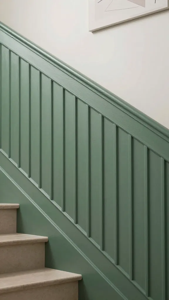 A high-quality, realistic interior photograph of a modern residential staircase with a half-wall application of elegant fluted paneling. The delicate vertical ridges of the paneling, acting as modern wainscoting along the staircase wall, are painted in a rich, monochromatic sage green. Subtle indirect lighting, emanating from a hidden cove or minimalist wall sconces, casts a beautiful play of light and shadow, emphasizing the tactile texture and depth of the fluting. Above the paneling, the wall is adorned with a single, understated piece of minimalist abstract art. The overall aesthetic is effortlessly chic, sophisticated, and high-end, showcasing a serene and inviting atmosphere. The shot is captured from a slightly low angle, highlighting the full height of the half-wall paneling and a portion of the staircase.