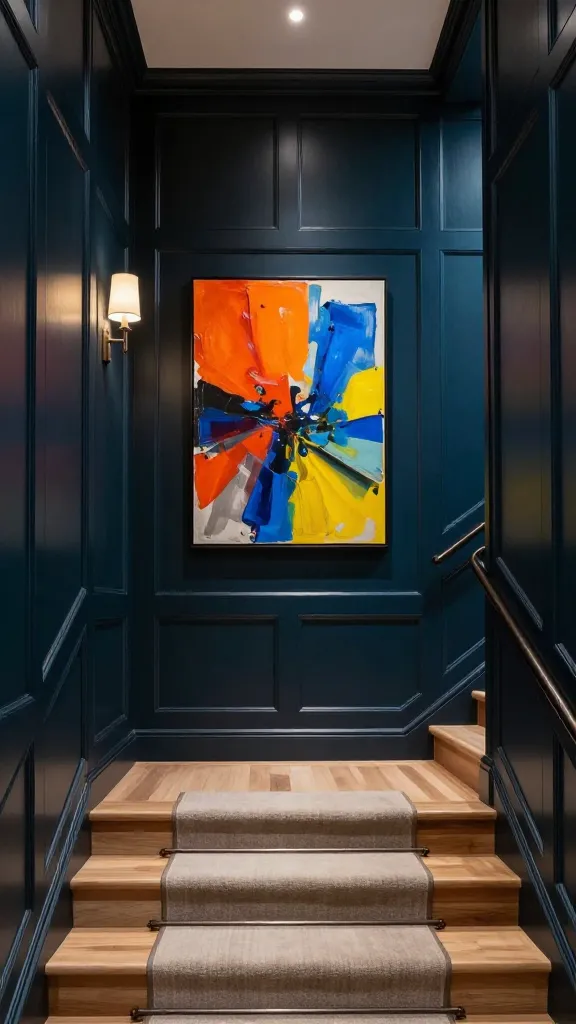 A high-quality, professional architectural photograph capturing a dramatic and sophisticated staircase entrance. The prominent wall alongside the staircase features extensive wood paneling painted in a luxurious, deep teal, creating an intimate and mysterious atmosphere. Centered on one of these dark paneled walls, a single, vibrant abstract art piece with bold, contrasting colors like fiery orange, electric blue, and bright yellow accents serves as a striking focal point. Two elegant wall sconces with warm, ambient light are strategically placed, casting a soft, dramatic glow on the paneling and the artwork. The staircase itself is made of light-toned hardwood, contrasting beautifully with the dark panels, and is adorned with a textured, neutral-toned runner in a light grey or beige. The adjacent floor on the landing is also light hardwood. The perspective is eye-level, slightly looking up the stairs, emphasizing the height and grandeur of this impactful, dark-themed interior design.