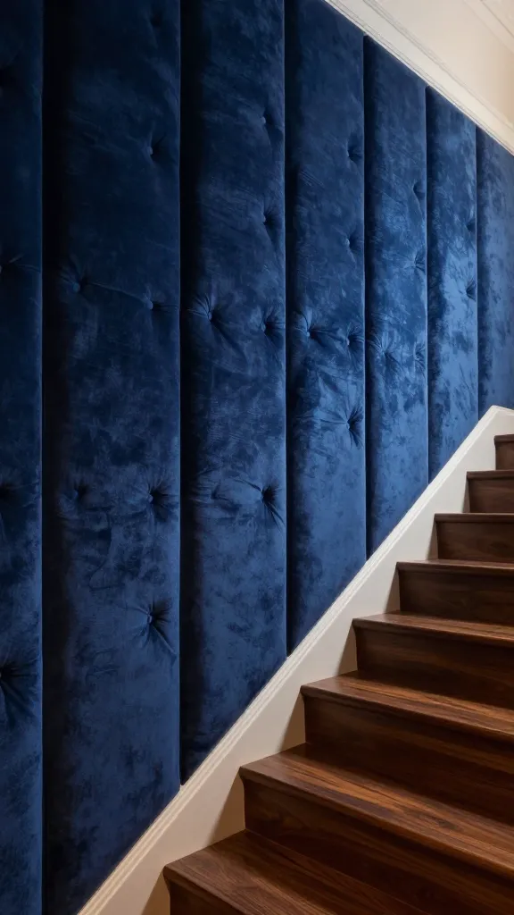 A high-end, realistic interior photograph capturing a grand staircase adorned with elegant upholstered wall panels. The panels are meticulously covered in a plush, deep sapphire velvet, subtly padded for softness and featuring delicate, evenly spaced button tufting that adds sophisticated texture. These luxurious velvet panels ascend gracefully along the staircase wall, complementing dark polished wood treads and a sleek, minimalist railing. Warm, ambient lighting softly illuminates the scene, highlighting the rich sheen of the velvet and the subtle shadows created by the tufting, creating an atmosphere of unparalleled warmth, coziness, and pure indulgence. Shot with a professional camera, emphasizing depth and luxurious detail.