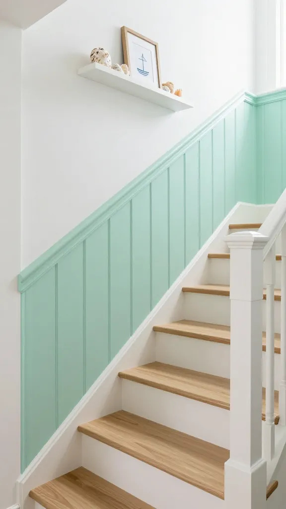 A high-quality, realistic interior photograph of a light-filled coastal-inspired staircase. The lower half of the staircase wall is adorned with classic beadboard paneling, painted a soft, refreshing seafoam green. A crisp white chair rail neatly separates the beadboard from the upper wall, which is painted a clean, bright white. The staircase features light natural wood treads and risers, complemented by a simple white balustrade and handrail. Above the beadboard, on the white upper wall, a small, minimalist white floating shelf displays a curated collection of natural seashells and a small, elegantly framed nautical print. Abundant natural light streams in from an unseen window, creating an airy, relaxed, and inviting atmosphere, evoking seaside charm and cottage comfort. Sharp focus, professional lighting, no text.
