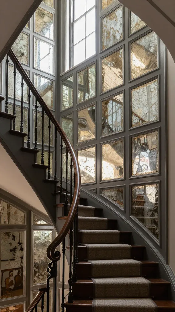 A high-quality, realistic, professional architectural photograph of a sophisticated, elegant, yet relatively narrow staircase in a luxurious home. The entire wall alongside the ascending staircase is adorned with exquisite paneling composed of individual antiqued mirror panels, each meticulously framed by slim, charcoal-grey painted wood trim. Soft, natural light from a large window at the landing reflects beautifully off the slightly foxed surfaces of the antiqued mirrors, dramatically expanding the perceived space and casting a warm, vintage, and undeniably glamorous glow. The staircase features dark polished wood treads, a subtle patterned runner, and elegant wrought-iron balusters, contributing to the overall opulent and moody aesthetic. The perspective is from the bottom of the stairs, looking up, showcasing the full height and the reflective quality of the wall.